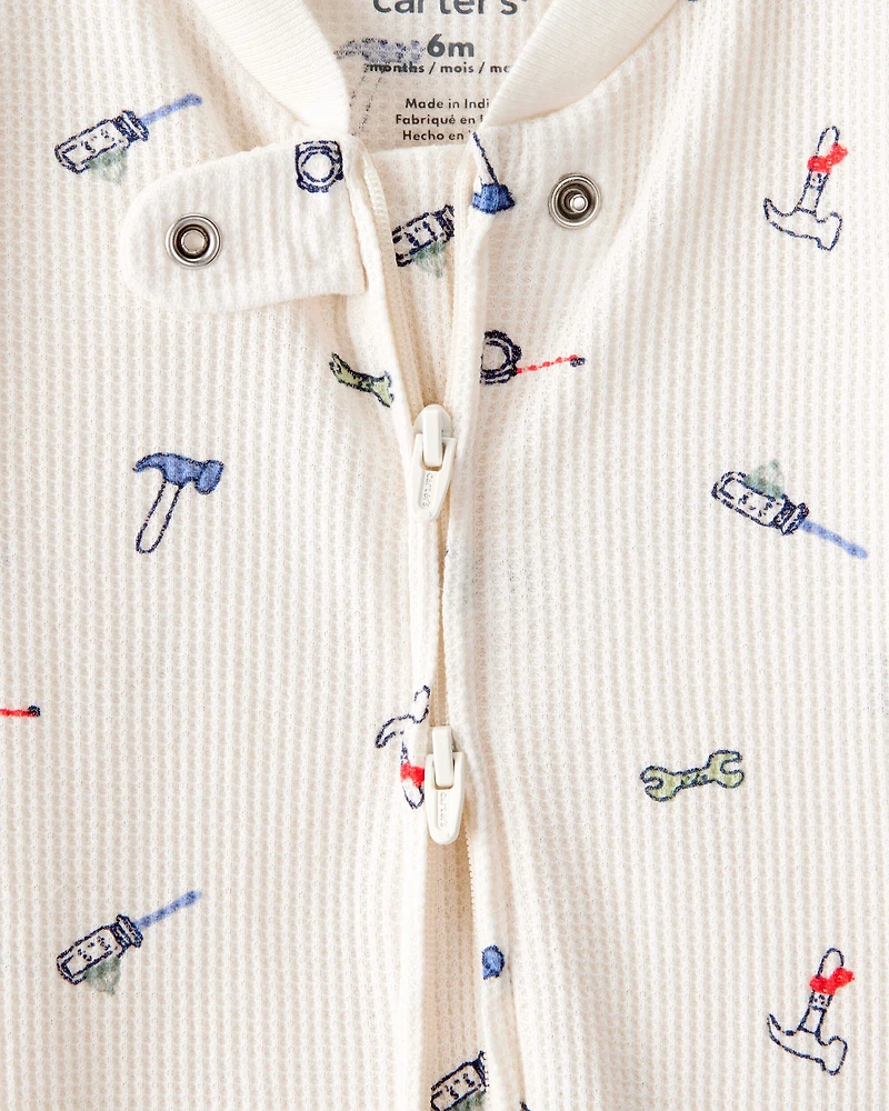 Baby Boy Construction Print Cotton Long-Sleeve Snug Fit Sleep & Play Pajamas - White