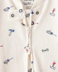 Baby Boy Construction Print Cotton Long-Sleeve Snug Fit Sleep & Play Pajamas - White