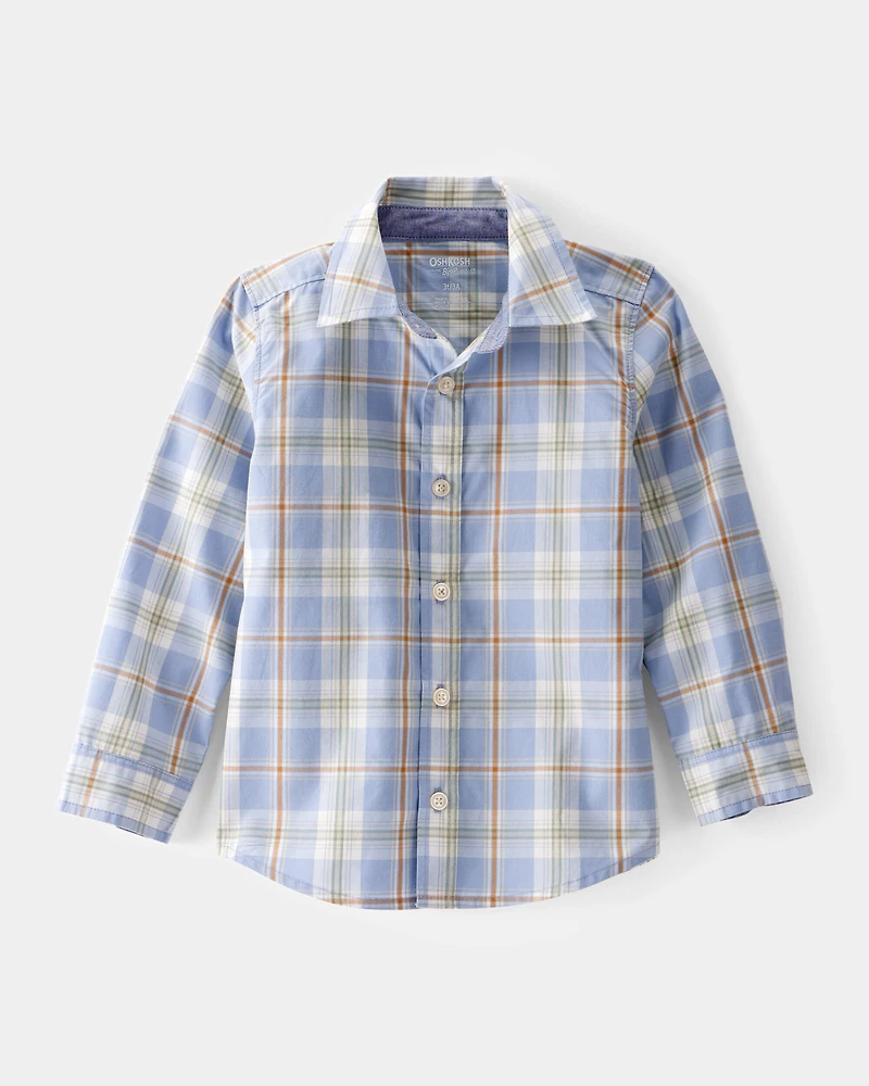 Toddler Boy Poplin Plaid Button-Front Shirt  -Blue/Orange/White