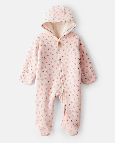 Baby Girl Floral Sherpa-Lined Long-Sleeve Hooded Jumpsuit - Pink