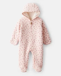 Baby Girl Floral Sherpa-Lined Long-Sleeve Hooded Jumpsuit - Pink