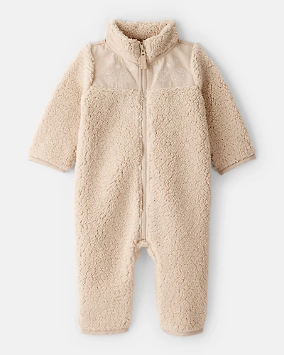 Baby Girl Embroidered Sherpa Long-Sleeve Jumpsuit - Brown