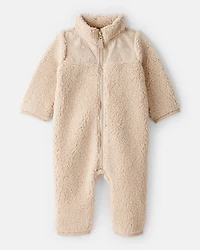 Baby Girl Embroidered Sherpa Long-Sleeve Jumpsuit - Brown