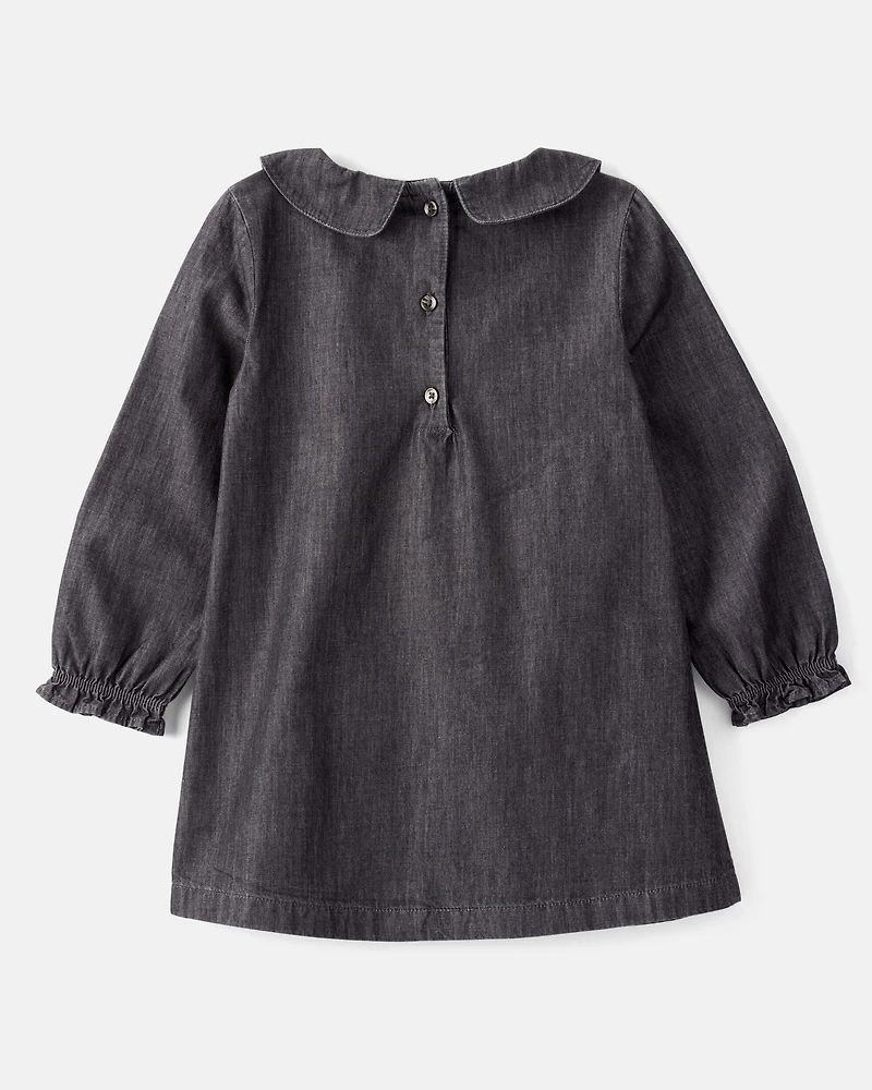 Toddler Girl Floral Motif Chambray Long-Sleeve Dress - Grey