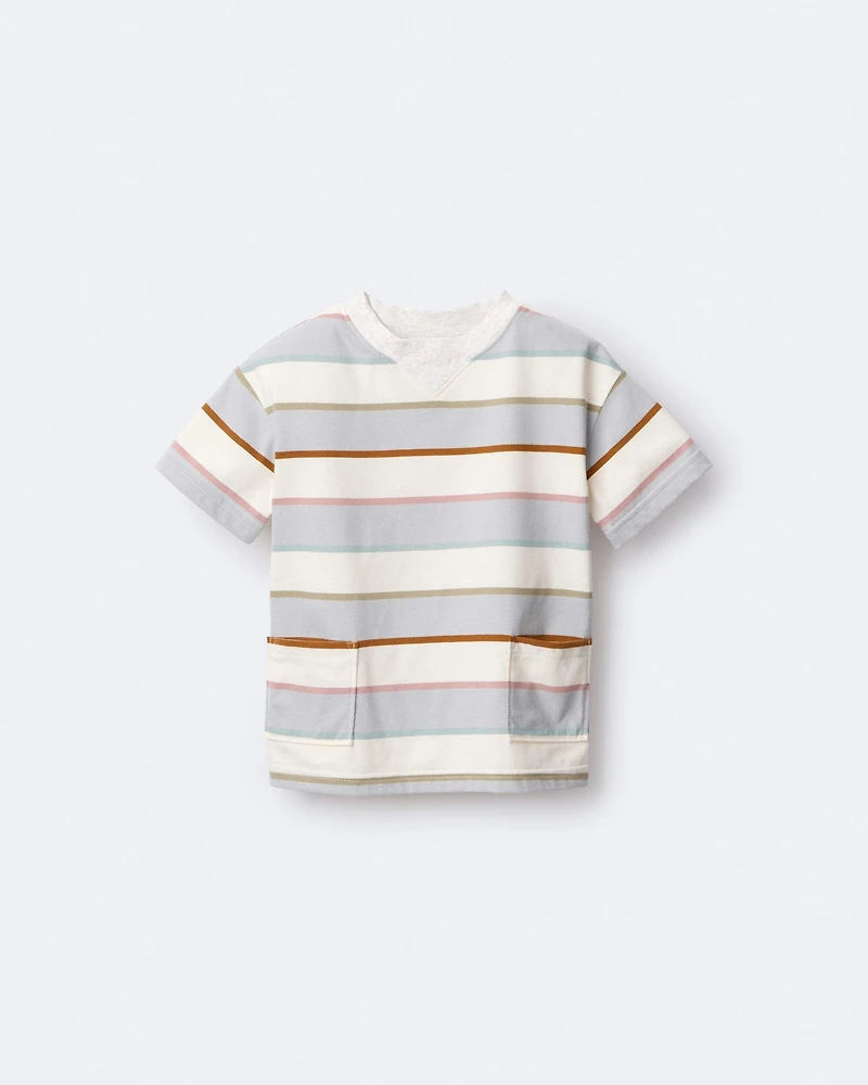 Toddler Boy Striped Short-Sleeve Otter Pocket Tee - Cream/Light Blue