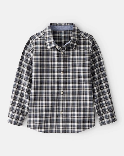 Boys Plaid Cotton Long-Sleeve Button-Down Shirt - Grey