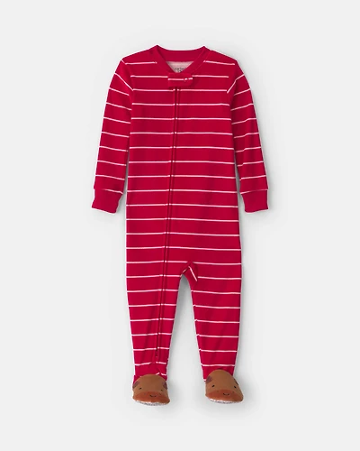 Baby Boy 1-Piece Moose Striped 2-Way Zip DreamPlush Snug Fit Footed Pajama - Red