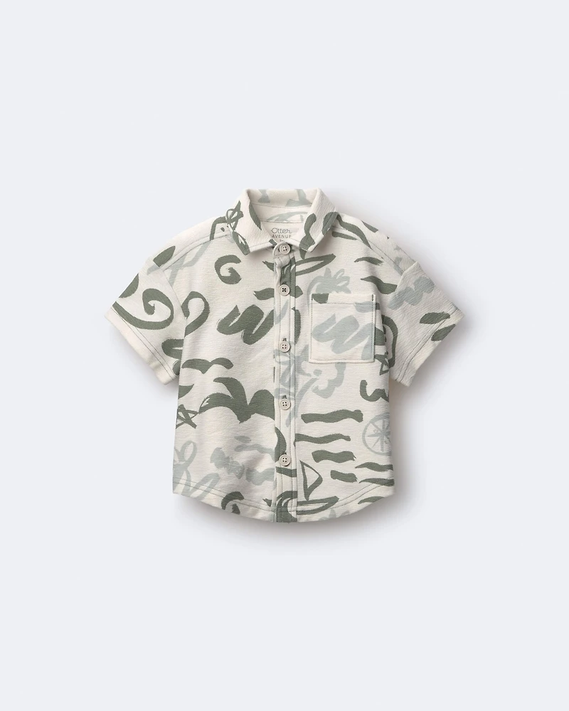 Toddler Boy Button-Down Short-Sleeve Shirt in Beach Print - Cream