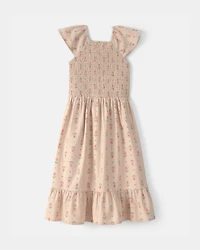Girls Floral Smocked Midi Dress - Tan