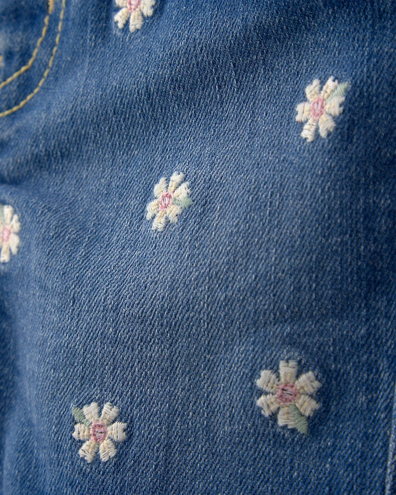 Baby Girl Daisy Denim Embroidered Shorts - Dark Wash