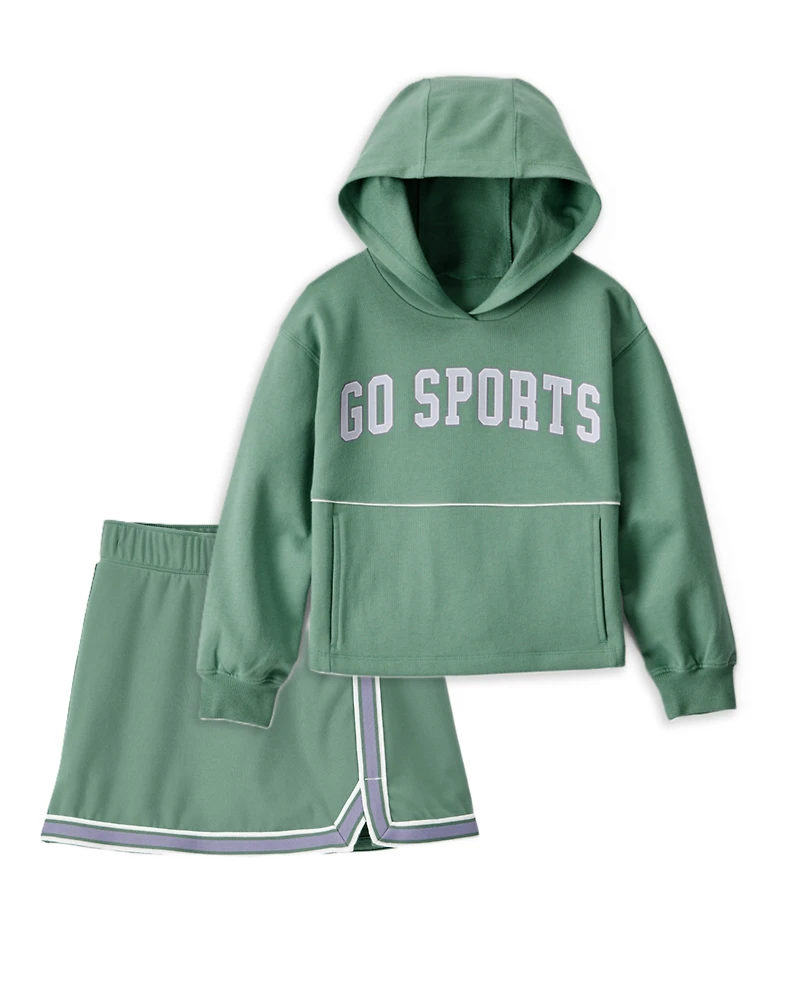 Girls 2-Piece "Go Sports" Hoodie & Knit Flared Skort Set - Green