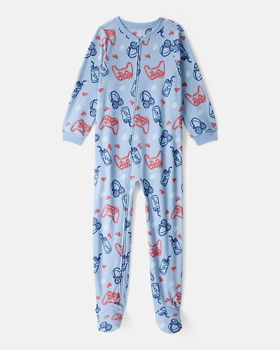 Boys Video Games Print Fleece Long-Sleeve Zip-Up 1-Piece Pajamas - Blue