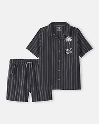 Boys 2-Piece Striped Button-Down Shirt & Short Set - Black