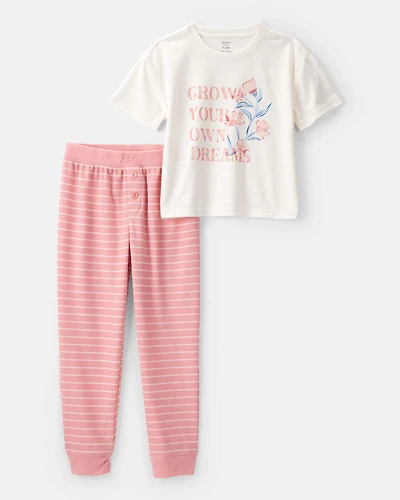 Girls 2-Piece "Grow Your Own Dreams" Floral Loose Fit Pajamas - White/Pink