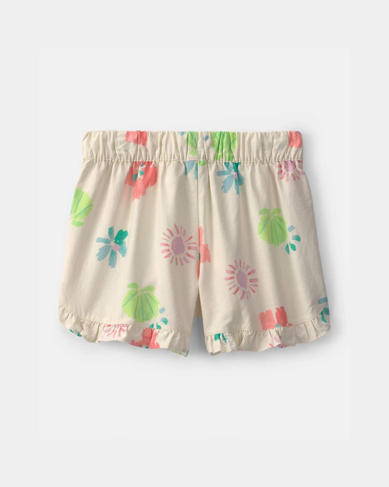 Girls Ruffle-Trim Summer Floral Shorts - Cream
