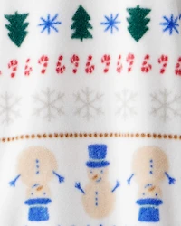 Toddler Snowman Fair Isle Fleece Long-Sleeve Loose Fit 1-Piece Pajamas - White