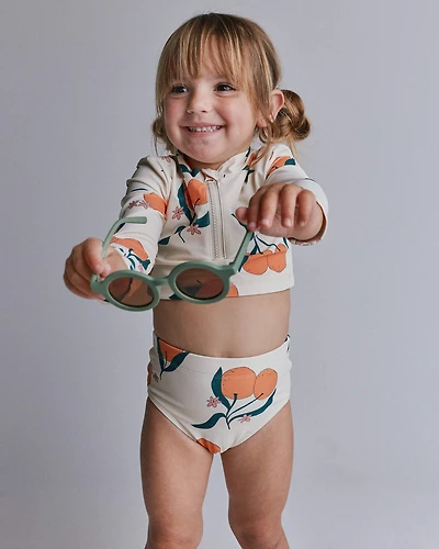 Toddler Girl Half-Zip Long-Sleeve Rashguard Set in Clementine Grove Print - Cream