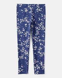 Girls Floral Cotton Pull-On Stretch Leggings - Navy
