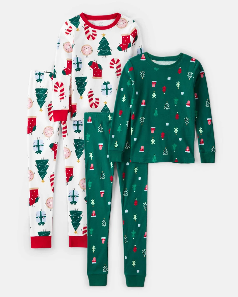 Kid Christmas 100% Cotton Snug Fit 4-Piece Pajamas - Green/White