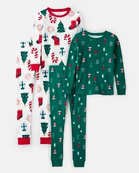 Kid Christmas 100% Cotton Snug Fit 4-Piece Pajamas - Green/White