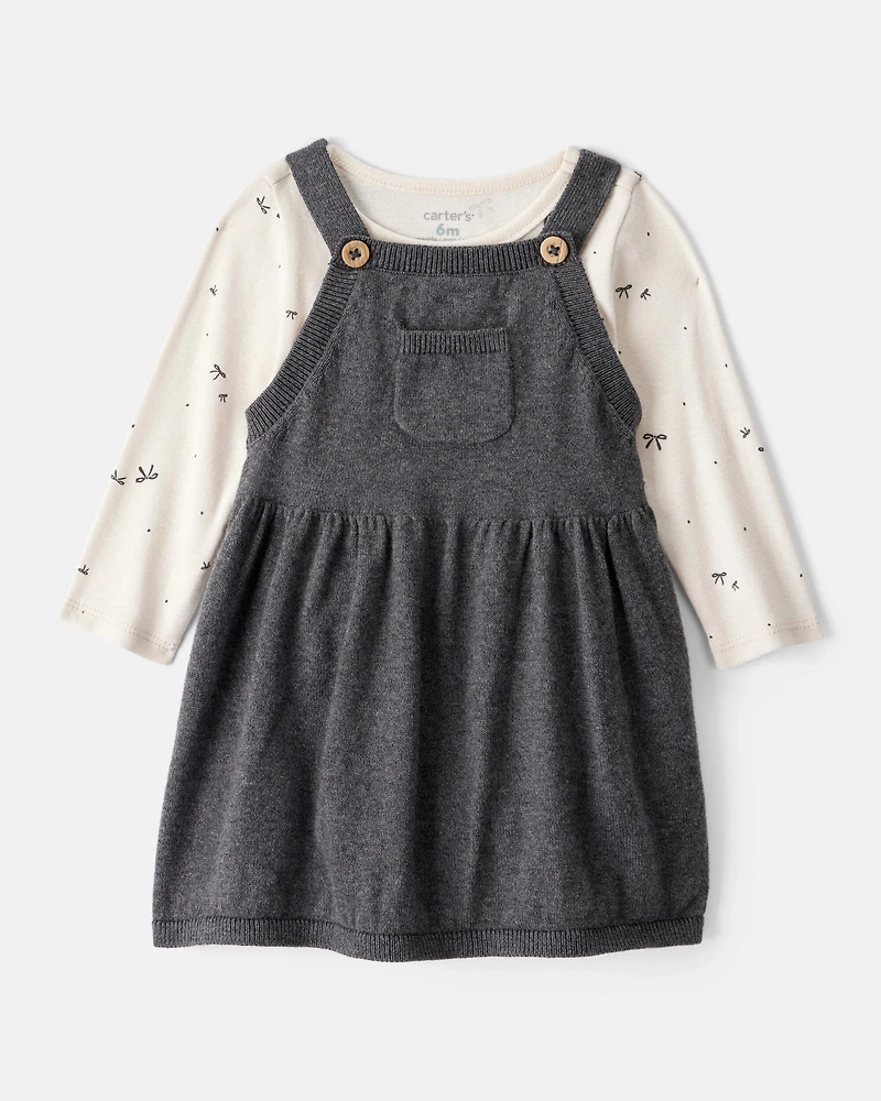 Baby Girl Bow Print Cotton Long-Sleeve Dress Set - Grey