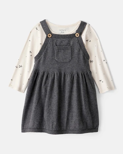 Baby Girl Bow Print Cotton Long-Sleeve Dress Set - Grey