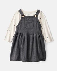 Baby Girl Bow Print Cotton Long-Sleeve Dress Set - Grey
