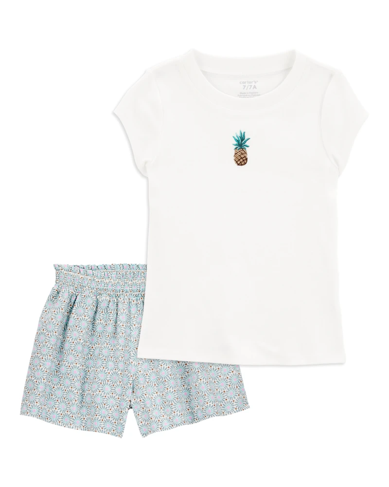 Kid 2-Piece Pineapple Graphic Tee & Linen Look-Alike Flowy Pull-On Shorts Set - White/Blue