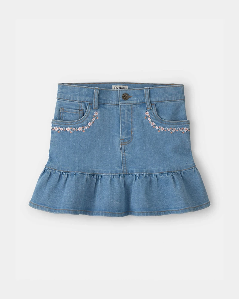 Girls Floral Denim Ruffle Skirt - Medium Wash