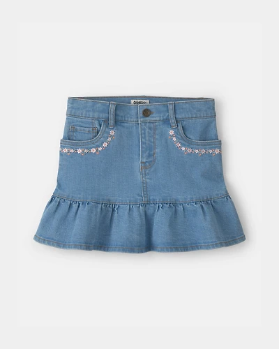 Girls Floral Denim Ruffle Skirt - Medium Wash