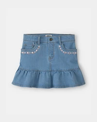 Girls Floral Denim Ruffle Skirt - Medium Wash