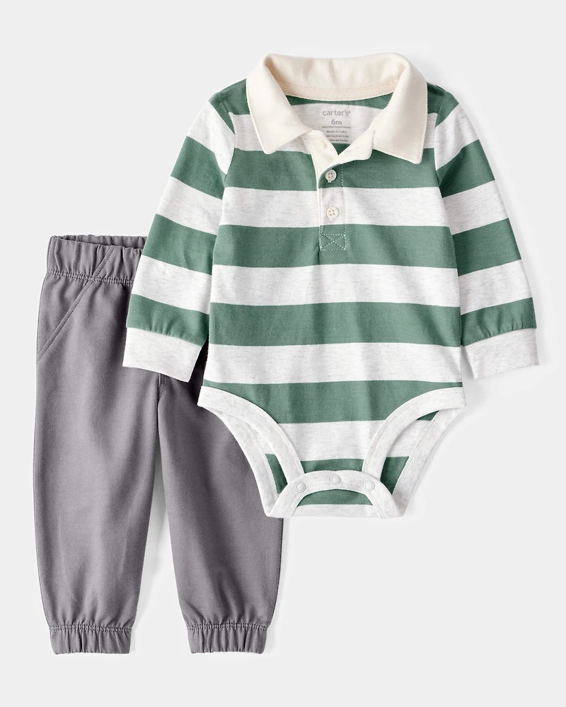Baby 2-Piece Striped Polo Bodysuit & Pull-On Pant Set
