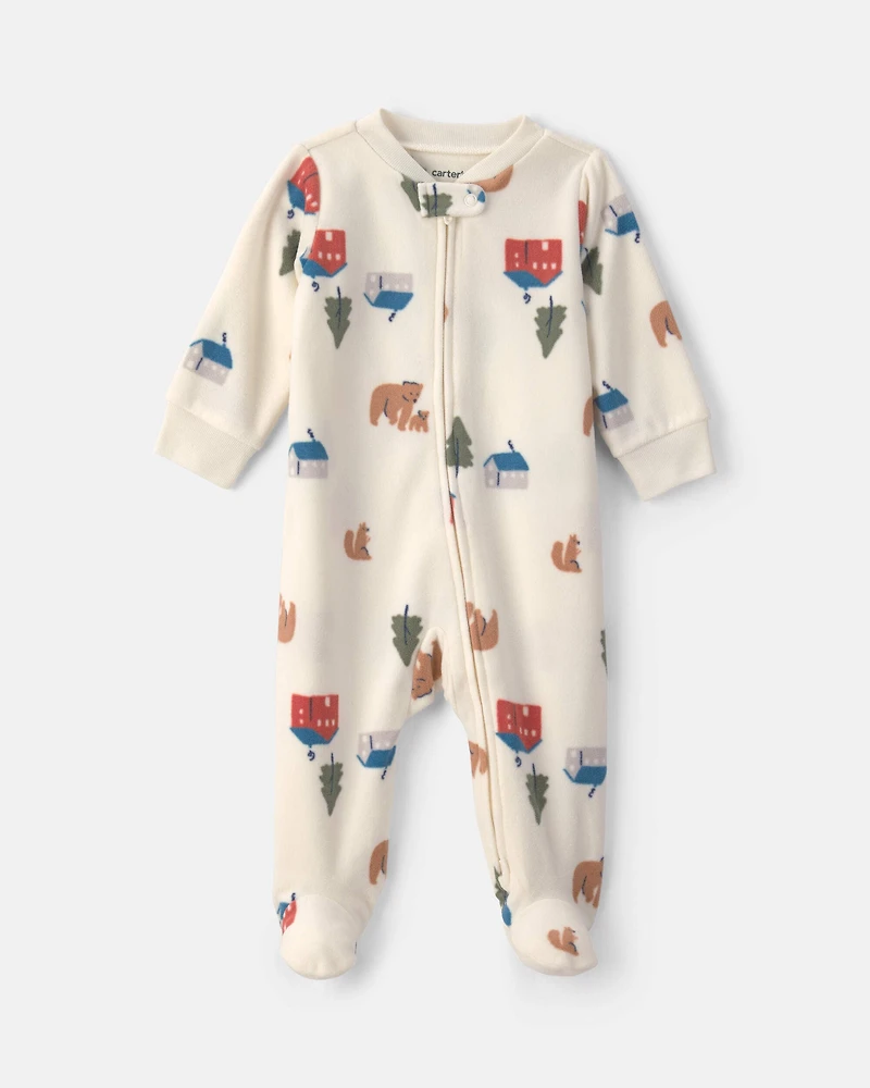 Baby Bear Cabin Fleece 2-Way Zip Sleep & Play Pajamas - Cream
