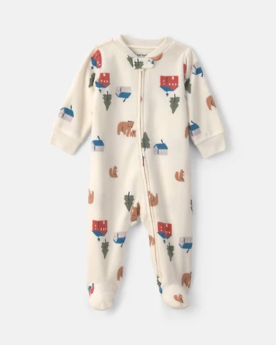 Baby Bear Cabin Fleece 2-Way Zip Sleep & Play Pajamas - Cream