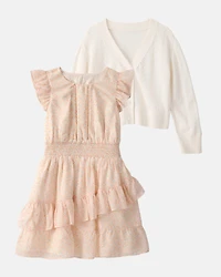 Girls 2-Piece Cardigan Sweater & Dress Set - Brown/White
