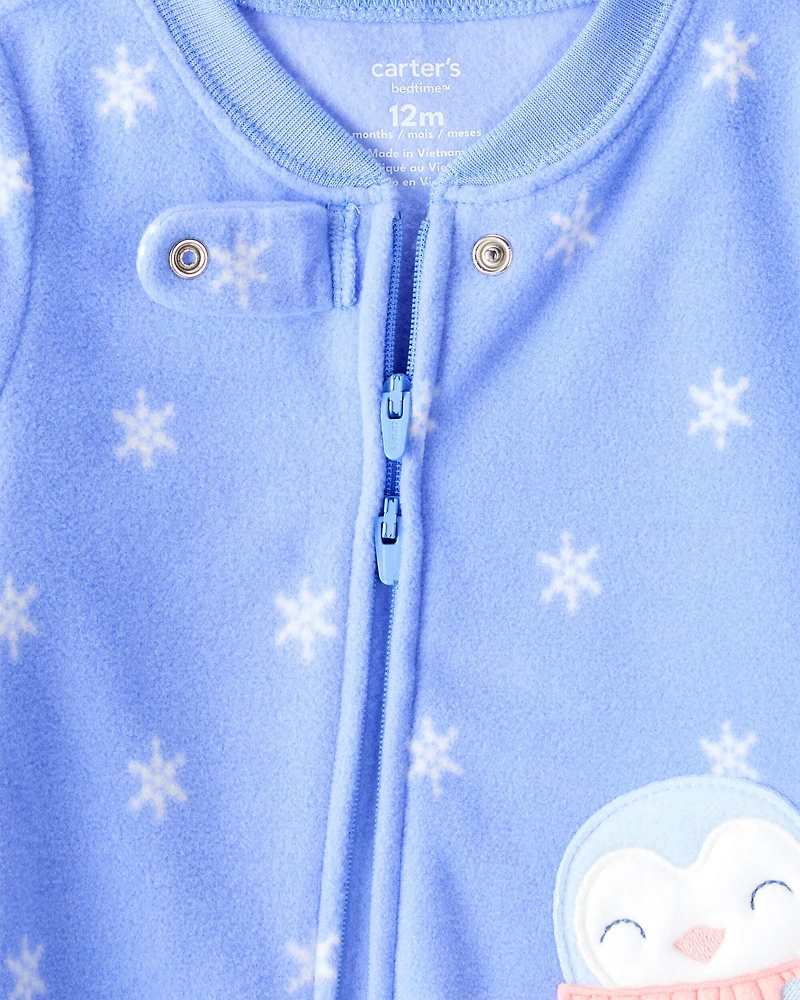 Baby Girl Penguin Fleece Long-Sleeve Loose Fit 1-Piece Pajamas - Blue