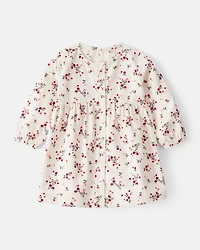 Baby Girl Floral Print Corduroy Long-Sleeve Dress - White
