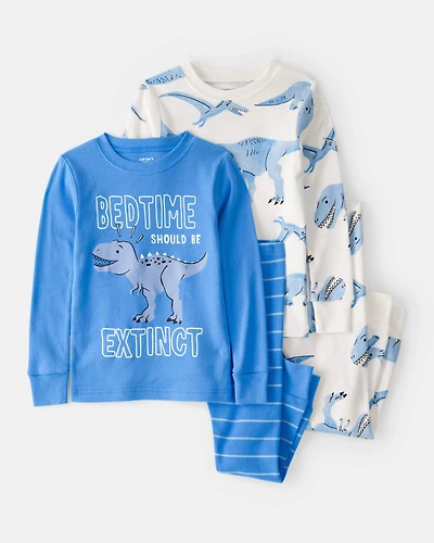 Toddler Dinosaur Print 100% Cotton Long-Sleeve Snug Fit 4-Piece Pajamas - White/Blue