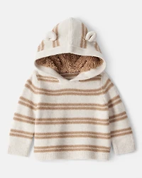 Baby Stripe Sweater with Teddy Fleece-Lined Hood and Bear Ears - Brown/Cream