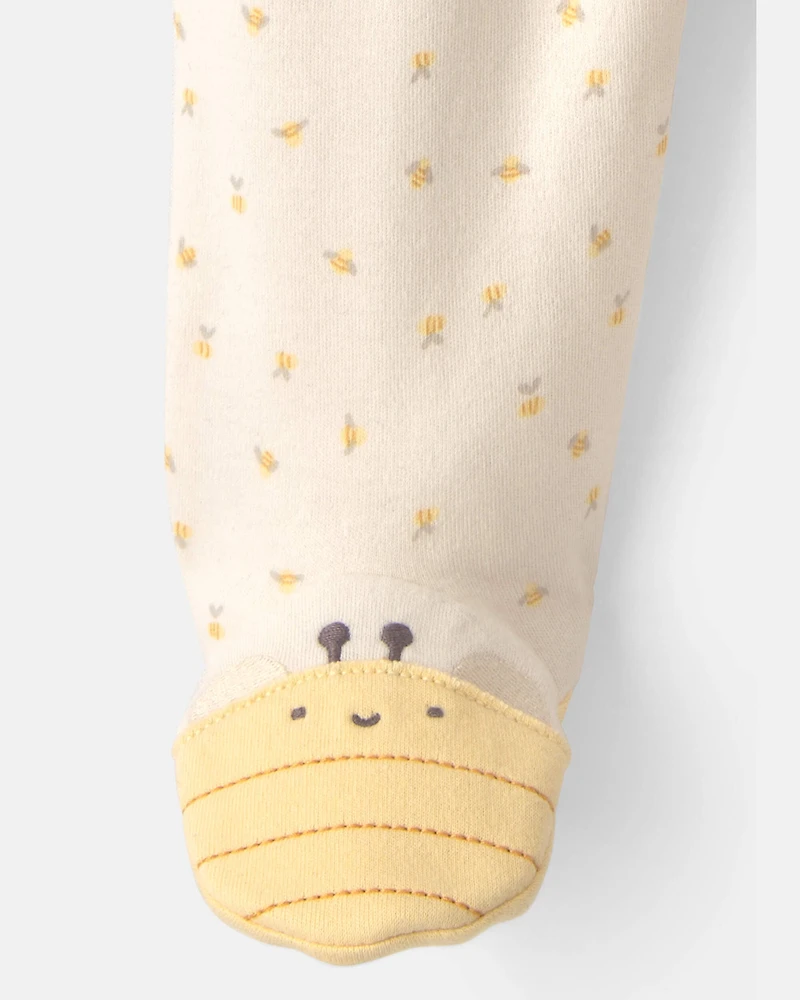 Baby Girl Bee 100% Cotton 2-Way Zip Sleep & Play Pajamas - Ivory