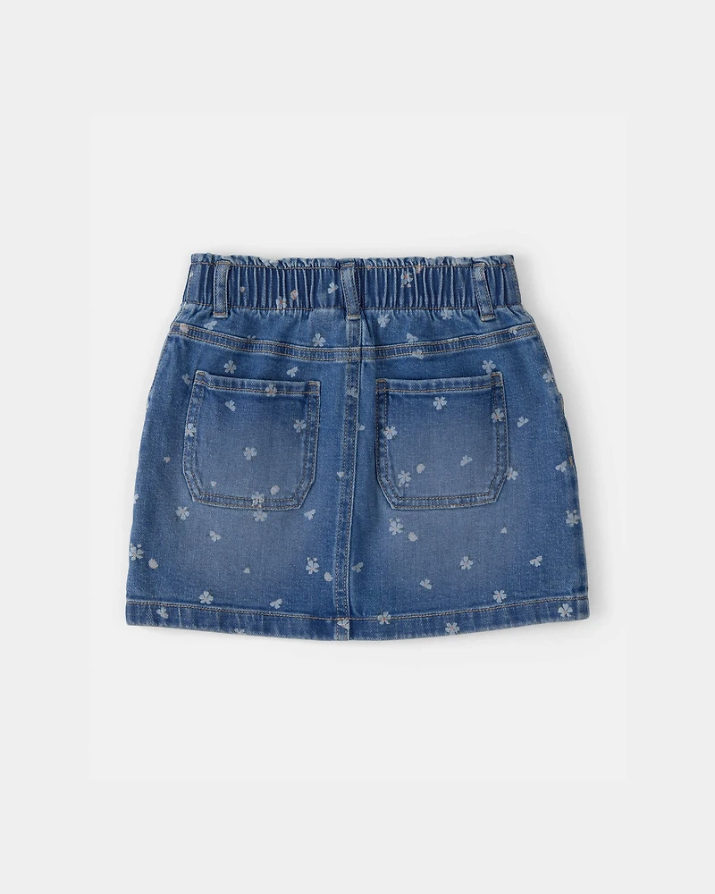 Girls Floral Denim Utility Skirt - Dark Wash