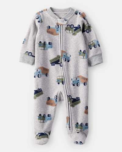 Baby Boy Construction Truck Print Loose Fit Long-Sleeve Sleep & Play Pajamas - Grey