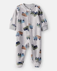Baby Boy Construction Truck Print Loose Fit Long-Sleeve Sleep & Play Pajamas - Grey