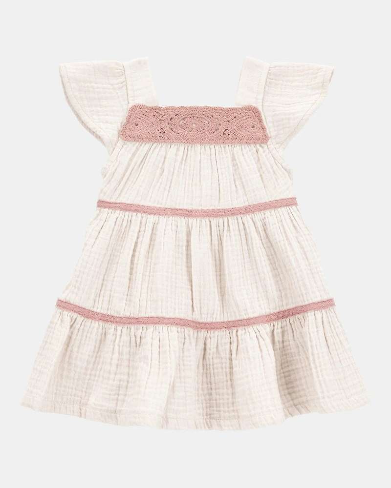 Baby Girl Striped Tiered Dress - White/Pink