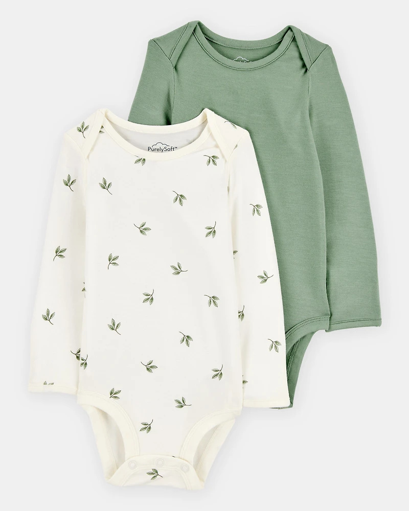 Baby 2-Pack Long-Sleeve PurelySoft Bodysuits - Green/Ivory