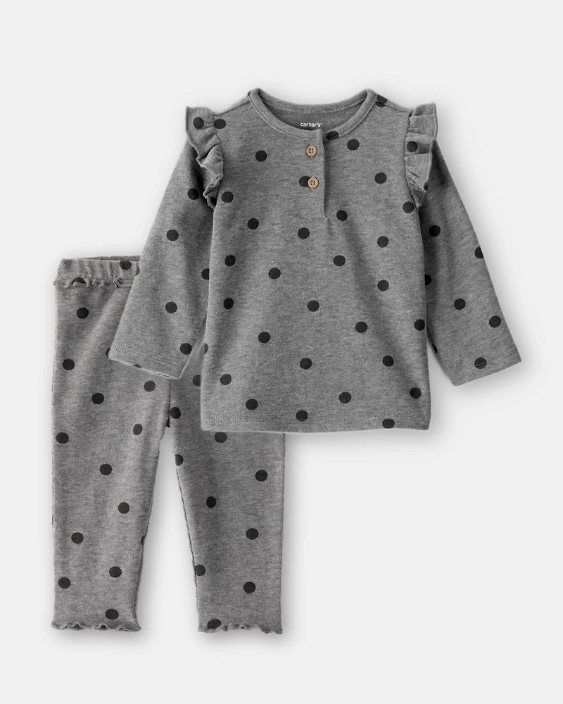 Baby Girl 2-Piece Flutter-Sleeve Polka Dot Long-Sleeve Top & Pant Set - Grey