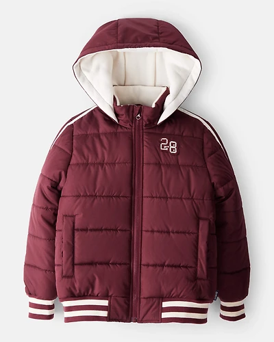 Kid Striped Sleeves Hooded Puffer Jacket - Red