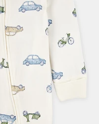 Baby Boy Car Print 2-Way Zip PurelySoft Sleep & Play Pajamas - Ivory