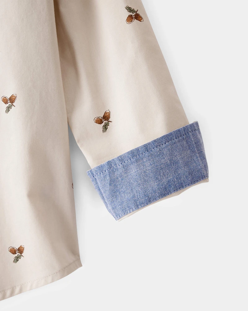 Toddler Boy Poplin Acorn Print Button-Front Shirt - Khaki