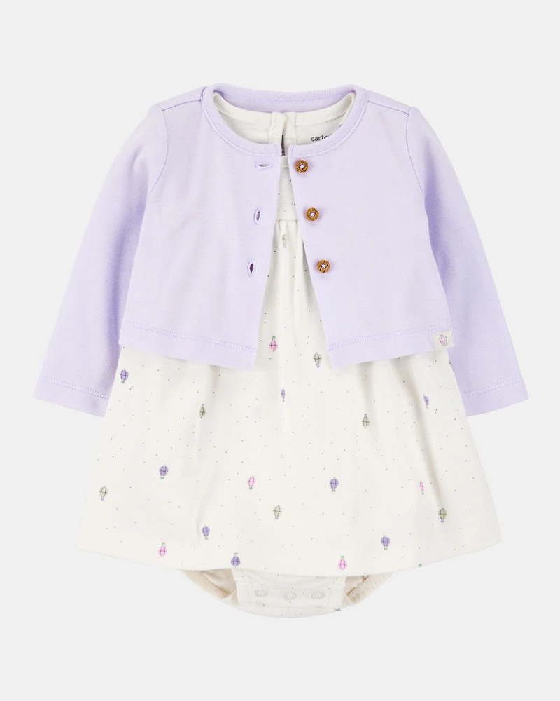 Baby 2-Piece Bodysuit Dress & Cardigan Set - Purple/White